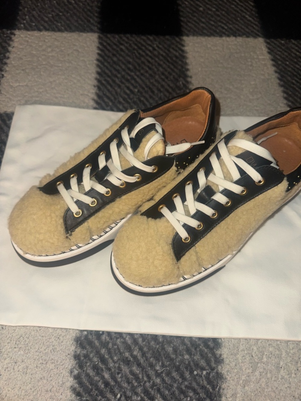 Cozy Sherpa Lace-Up Women's Sneakers in Beige & Black
